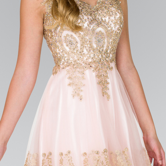 Blush Jeweled V-Neckline Evening Short Dress G2403 - Picture 3 of 6